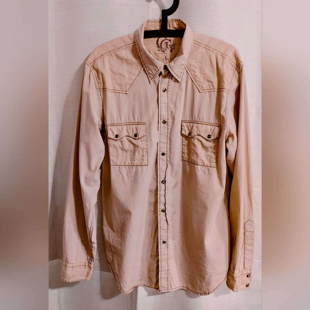 (4/$20) Guess Men's Salmon/Tan Casual Pearl Snap Button Down Shirt, Size L